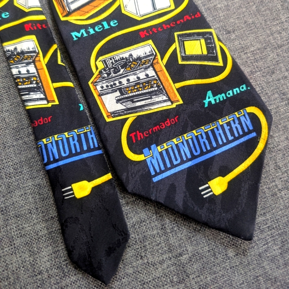 Appliance Themed Black Silk Tie With Graphics and Logos